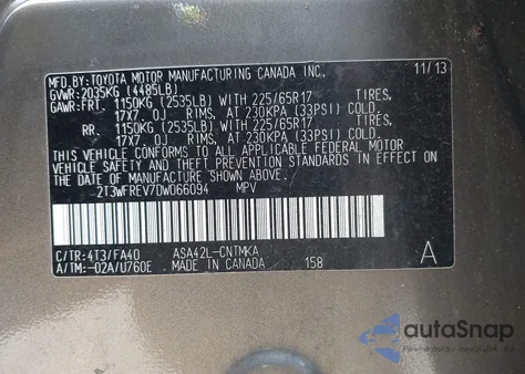 2013 Toyota Rav4 Xle из США, поврежденный, VIN 2T3WFREV7DW066094